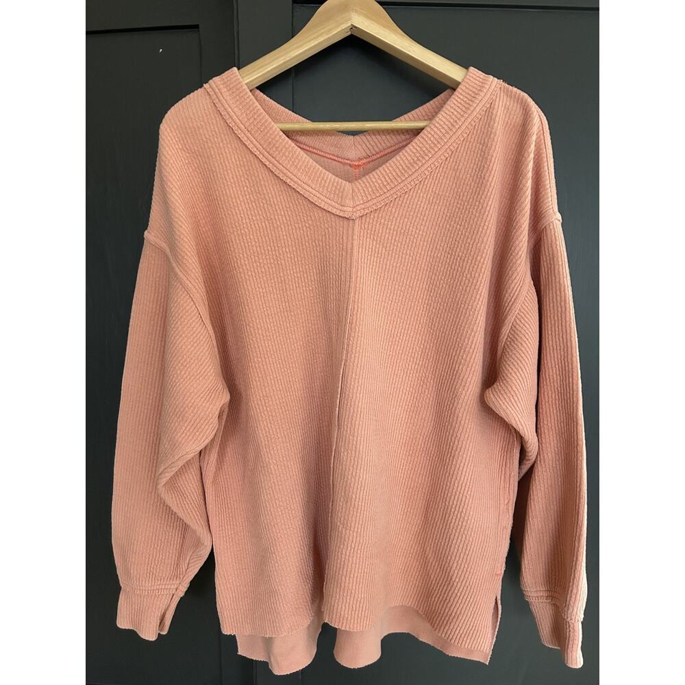 Aerie V Neck Waffle Knit Oversized Cozy Pullover Top Long Sleeve Peach Salmon S